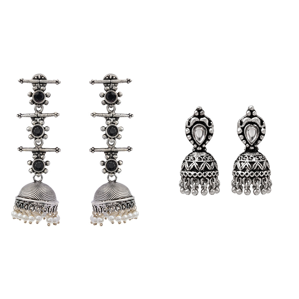 Royal Triple Bell Layered Jhumka Earring (Black) Jharokha stone studded jhumki earring (White) Combo set