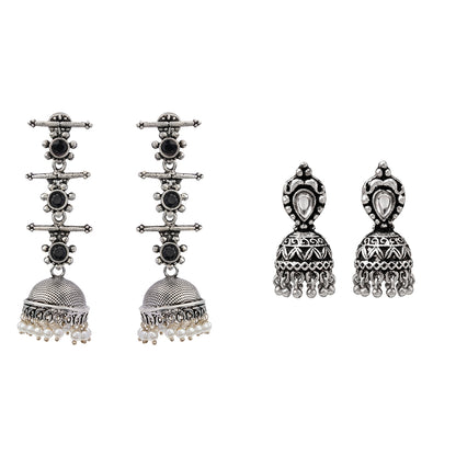 Royal Triple Bell Layered Jhumka Earring (Black) Jharokha stone studded jhumki earring (White) Combo set