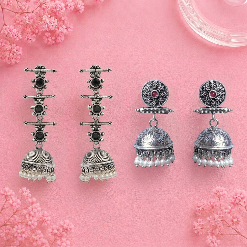 Royal Triple Bell Layered Jhumka Earring (Black) Charmbell earrings (Red) Combo set