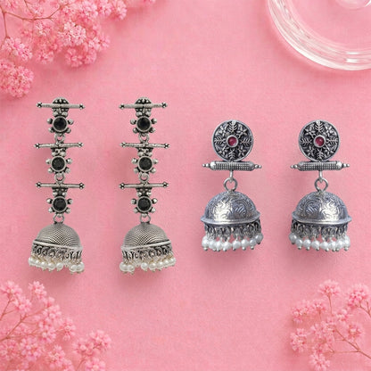 Royal Triple Bell Layered Jhumka Earring (Black) Charmbell earrings (Red) Combo set