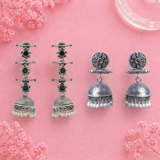 Royal Triple Bell Layered Jhumka Earring (Black) Charmbell earrings (Red) Combo set