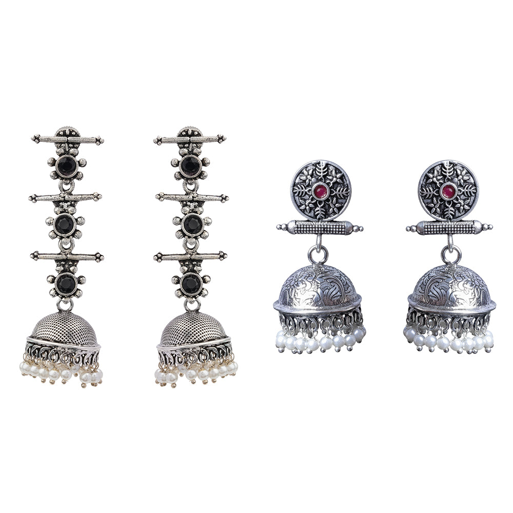 Royal Triple Bell Layered Jhumka Earring (Black) Charmbell earrings (Red) Combo set