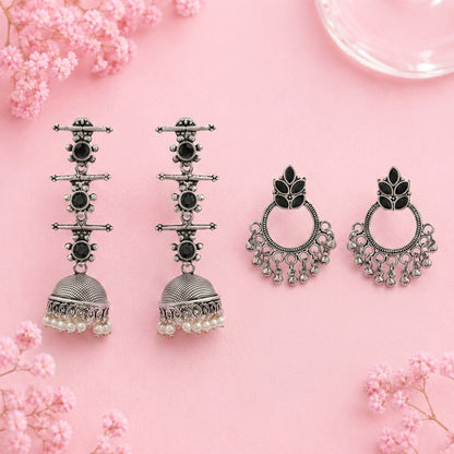 Royal Triple Bell Layered Jhumka Earring (Black) Fine Shine stud earrings (Black) Combo set
