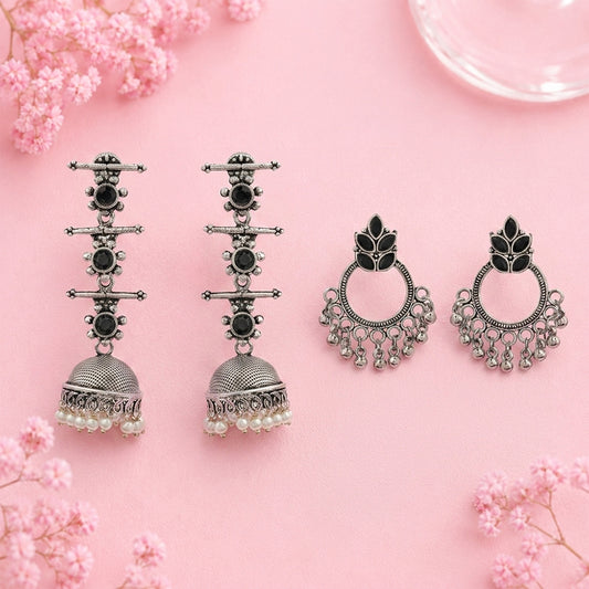 Royal Triple Bell Layered Jhumka Earring (Black) Fine Shine stud earrings (Black) Combo set