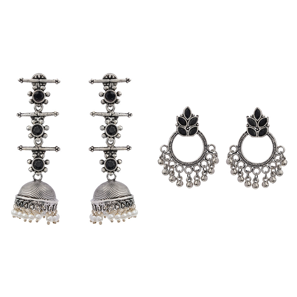 Royal Triple Bell Layered Jhumka Earring (Black) Fine Shine stud earrings (Black) Combo set