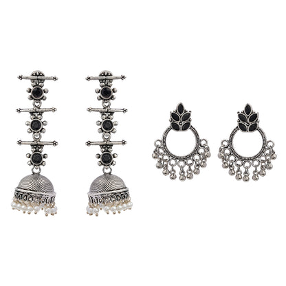 Royal Triple Bell Layered Jhumka Earring (Black) Fine Shine stud earrings (Black) Combo set