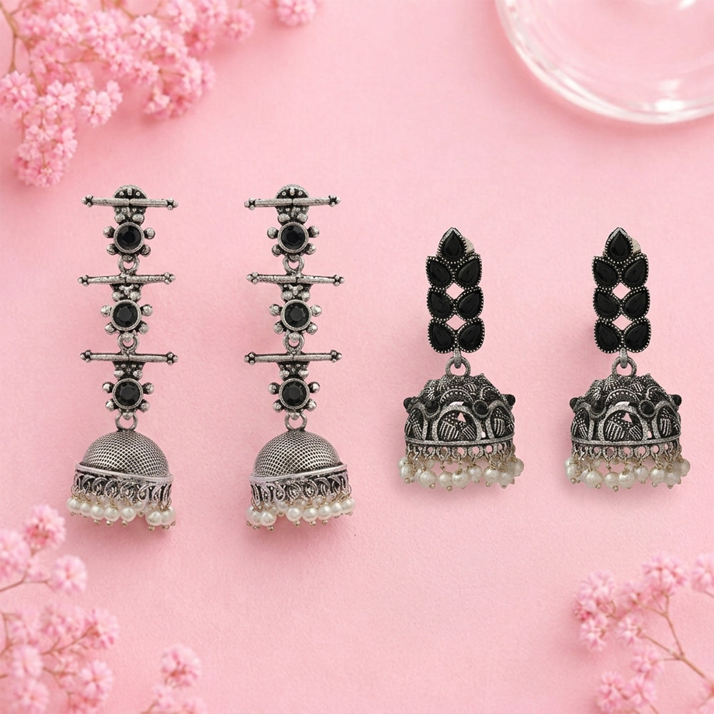 Royal Triple Bell Layered Jhumka Earring (Black) Leaf Cascade jhumki earrings (Black) Combo set