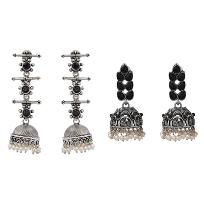 Royal Triple Bell Layered Jhumka Earring (Black) Leaf Cascade jhumki earrings (Black) Combo set
