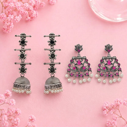 Royal Triple Bell Layered Jhumka Earring (Black) Peacock glow stone studded dangler earrings (Red) Combo set