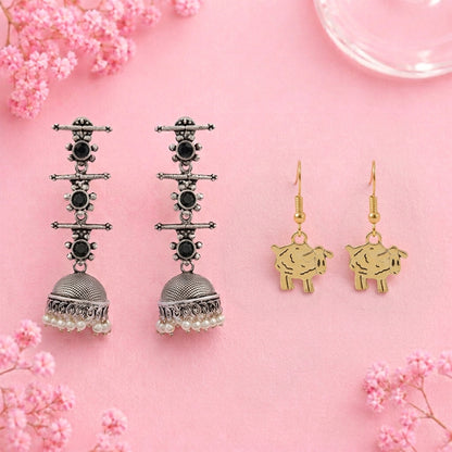 Royal Triple Bell Layered Jhumka Earring (Black) Ba Ba dangler earrings Combo set