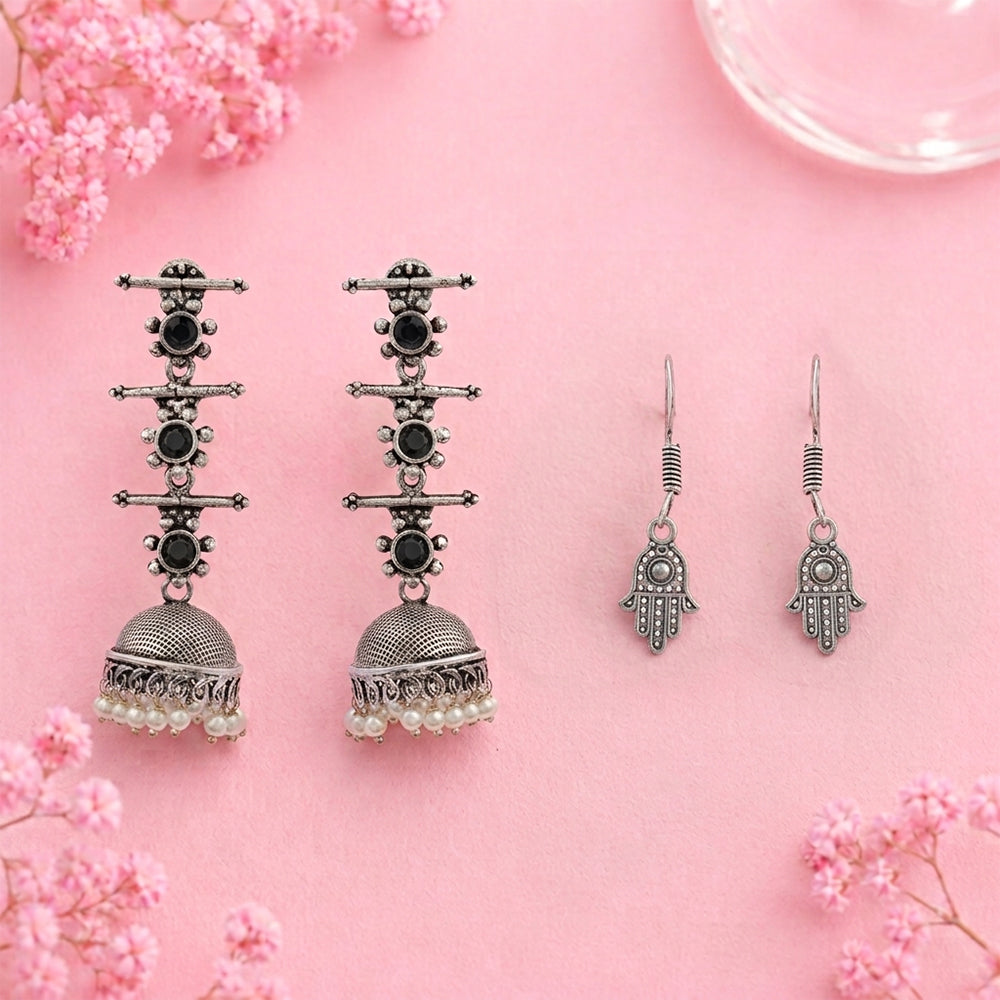 Royal Triple Bell Layered Jhumka Earring (Black) Evil Eye guard dangler earrings (Silver) Combo set