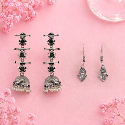Royal Triple Bell Layered Jhumka Earring (Black) Evil Eye guard dangler earrings (Silver) Combo set