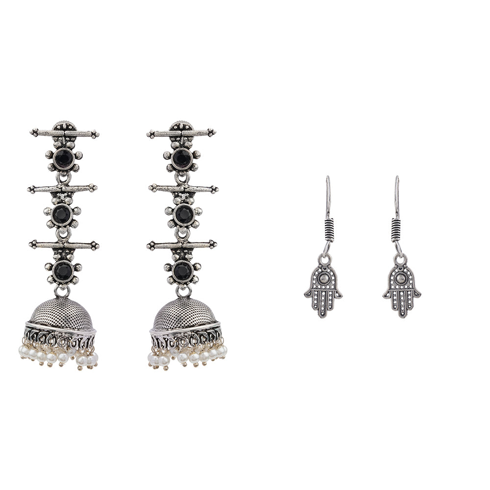 Royal Triple Bell Layered Jhumka Earring (Black) Evil Eye guard dangler earrings (Silver) Combo set