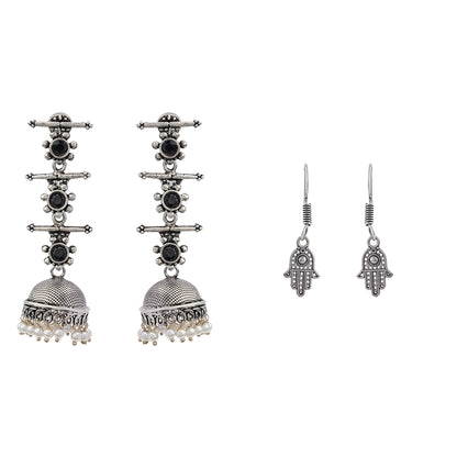 Royal Triple Bell Layered Jhumka Earring (Black) Evil Eye guard dangler earrings (Silver) Combo set