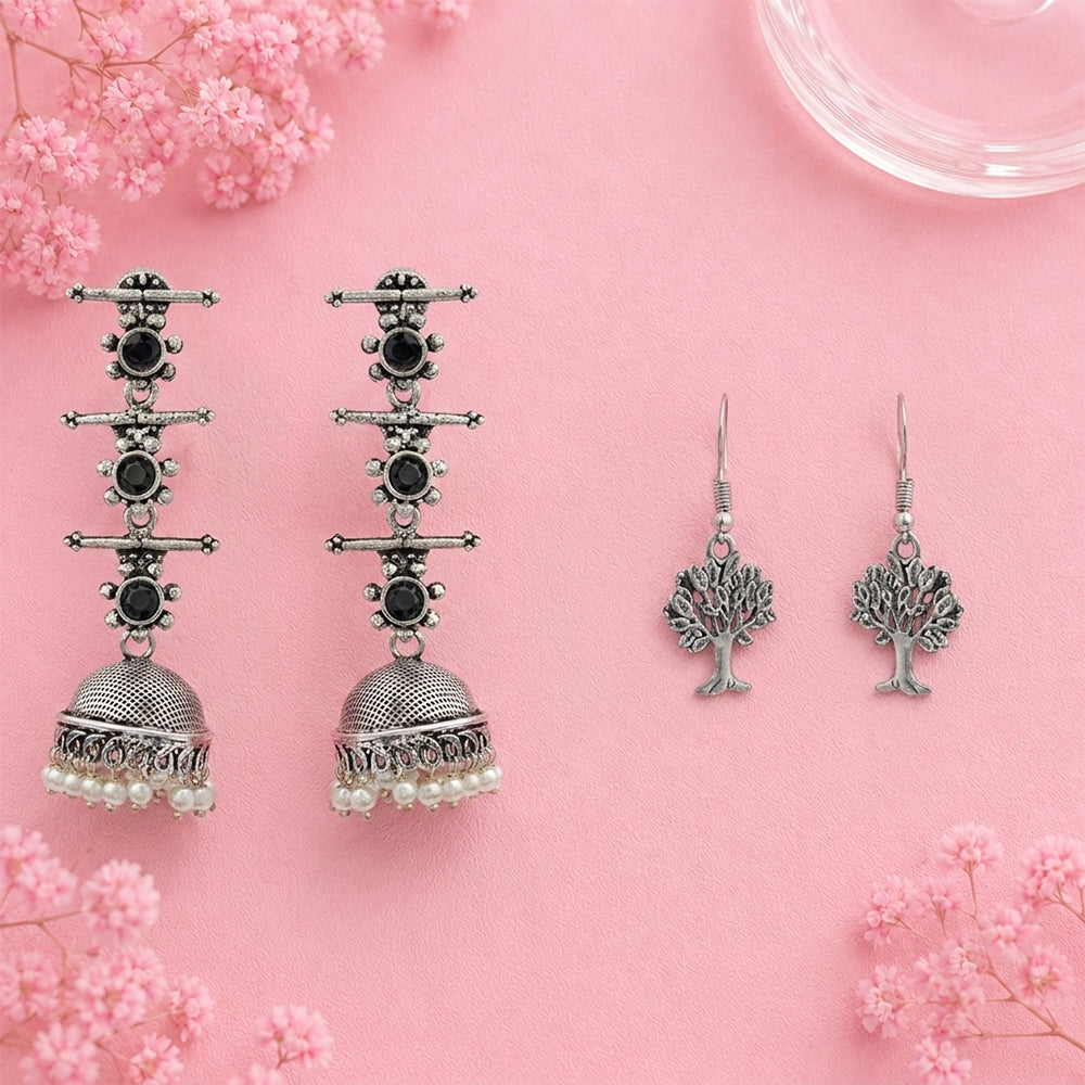 Royal Triple Bell Layered Jhumka Earring (Black) Roots of elegance dangler earrings (Silver) Combo set