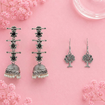 Royal Triple Bell Layered Jhumka Earring (Black) Roots of elegance dangler earrings (Silver) Combo set