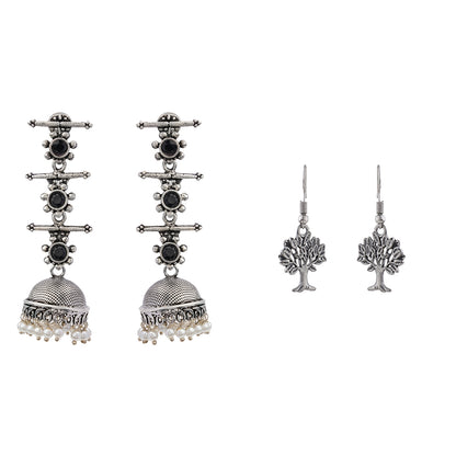 Royal Triple Bell Layered Jhumka Earring (Black) Roots of elegance dangler earrings (Silver) Combo set