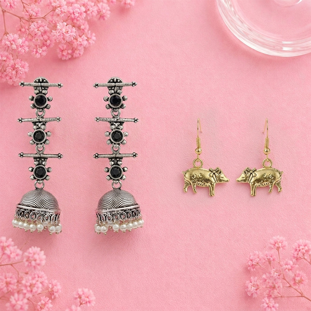 Royal Triple Bell Layered Jhumka Earring (Black) piggy dangler earrings Combo set