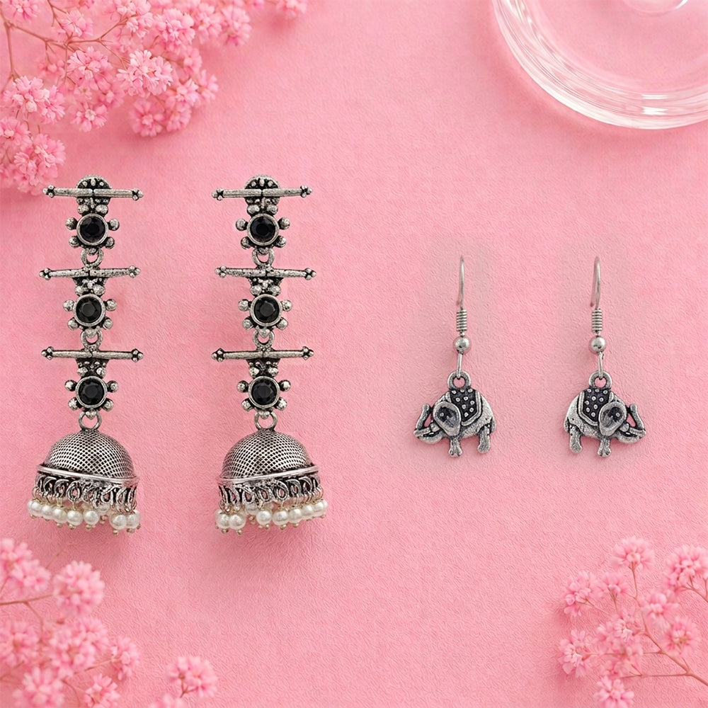Royal Triple Bell Layered Jhumka Earring (Black) Trunk Tales dangler earrings (Silver) Combo set