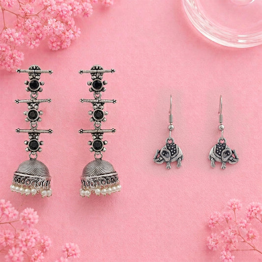 Royal Triple Bell Layered Jhumka Earring (Black) Trunk Tales dangler earrings (Silver) Combo set