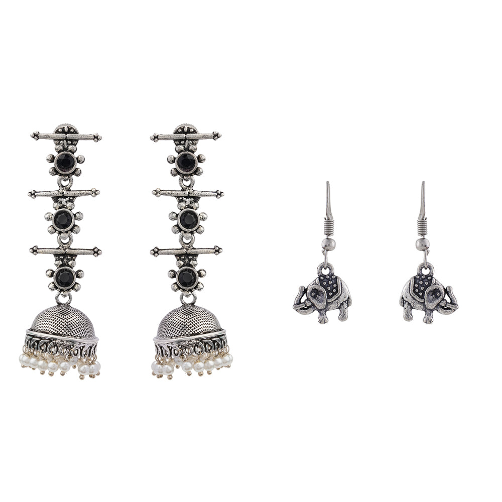 Royal Triple Bell Layered Jhumka Earring (Black) Trunk Tales dangler earrings (Silver) Combo set