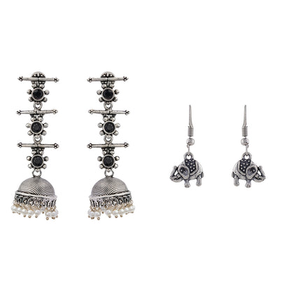 Royal Triple Bell Layered Jhumka Earring (Black) Trunk Tales dangler earrings (Silver) Combo set