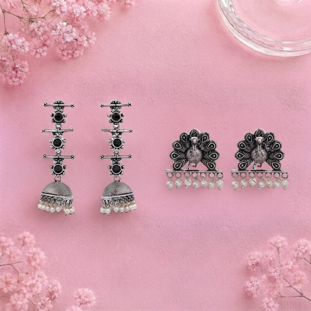 Royal Triple Bell Layered Jhumka Earring (Black) Meena Manjari stone stud earrings (Silver) Combo set
