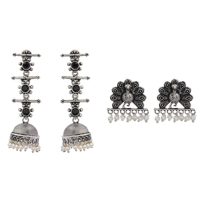 Royal Triple Bell Layered Jhumka Earring (Black) Meena Manjari stone stud earrings (Silver) Combo set