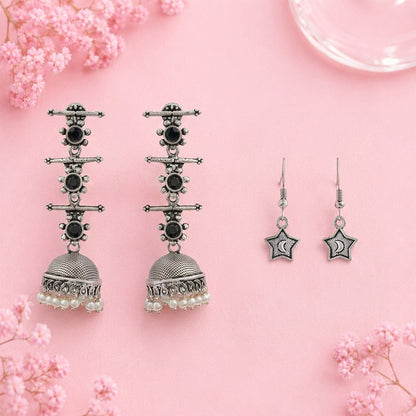 Royal Triple Bell Layered Jhumka Earring (Black) You're a star dangler earrings (Silver) Combo set