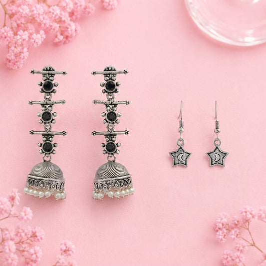 Royal Triple Bell Layered Jhumka Earring (Black) You're a star dangler earrings (Silver) Combo set