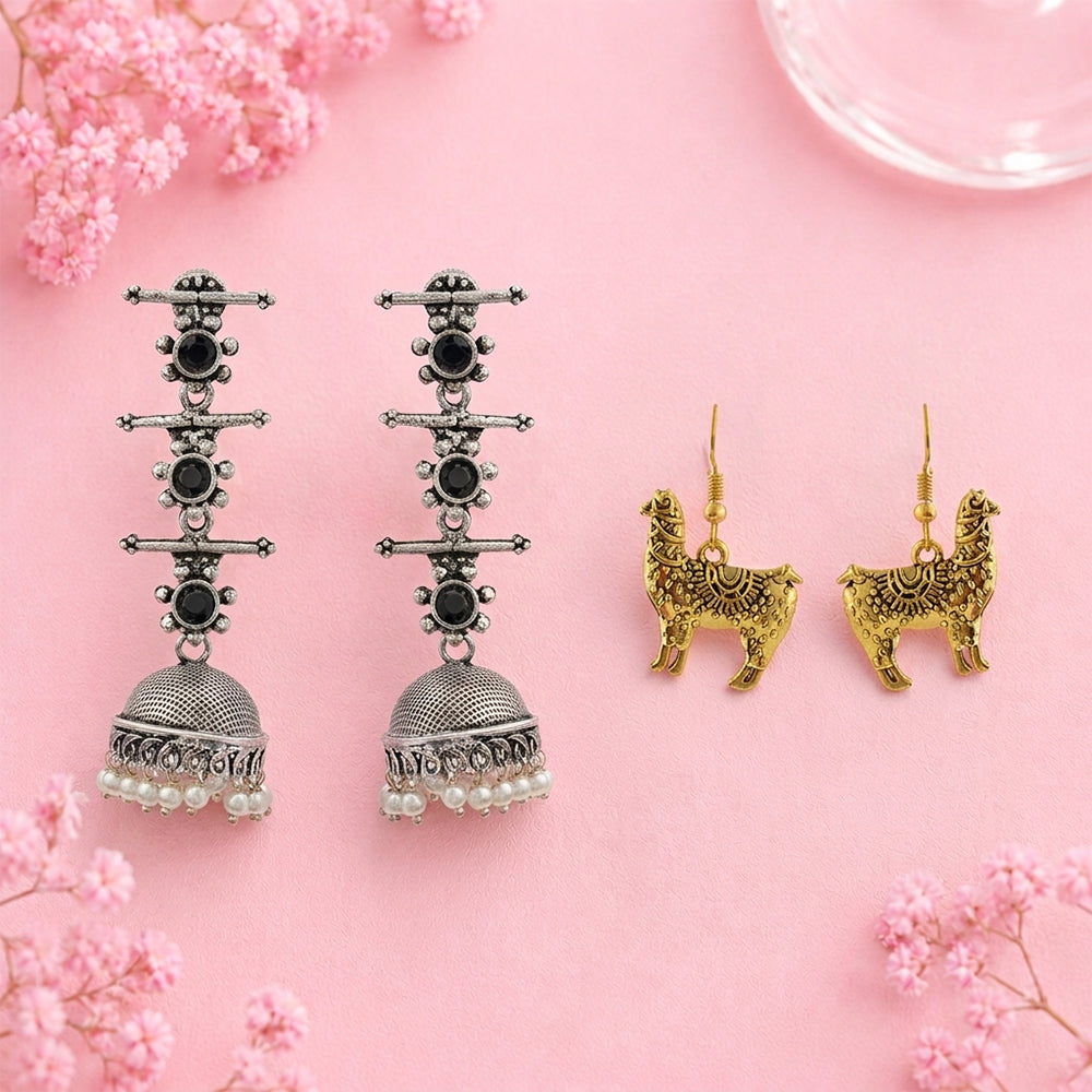 Royal Triple Bell Layered Jhumka Earring (Black) Lama Drama dangler earrings Combo set