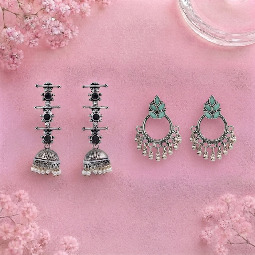 Royal Triple Bell Layered Jhumka Earring (Black) Fine Shine stud earrings (Mint) Combo set