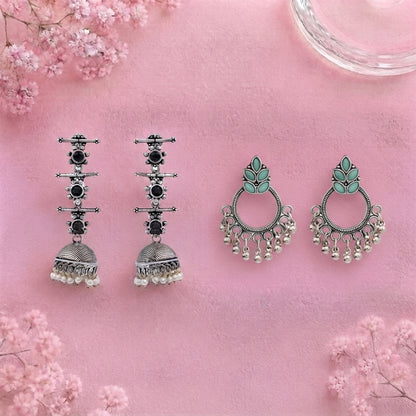 Royal Triple Bell Layered Jhumka Earring (Black) Fine Shine stud earrings (Mint) Combo set