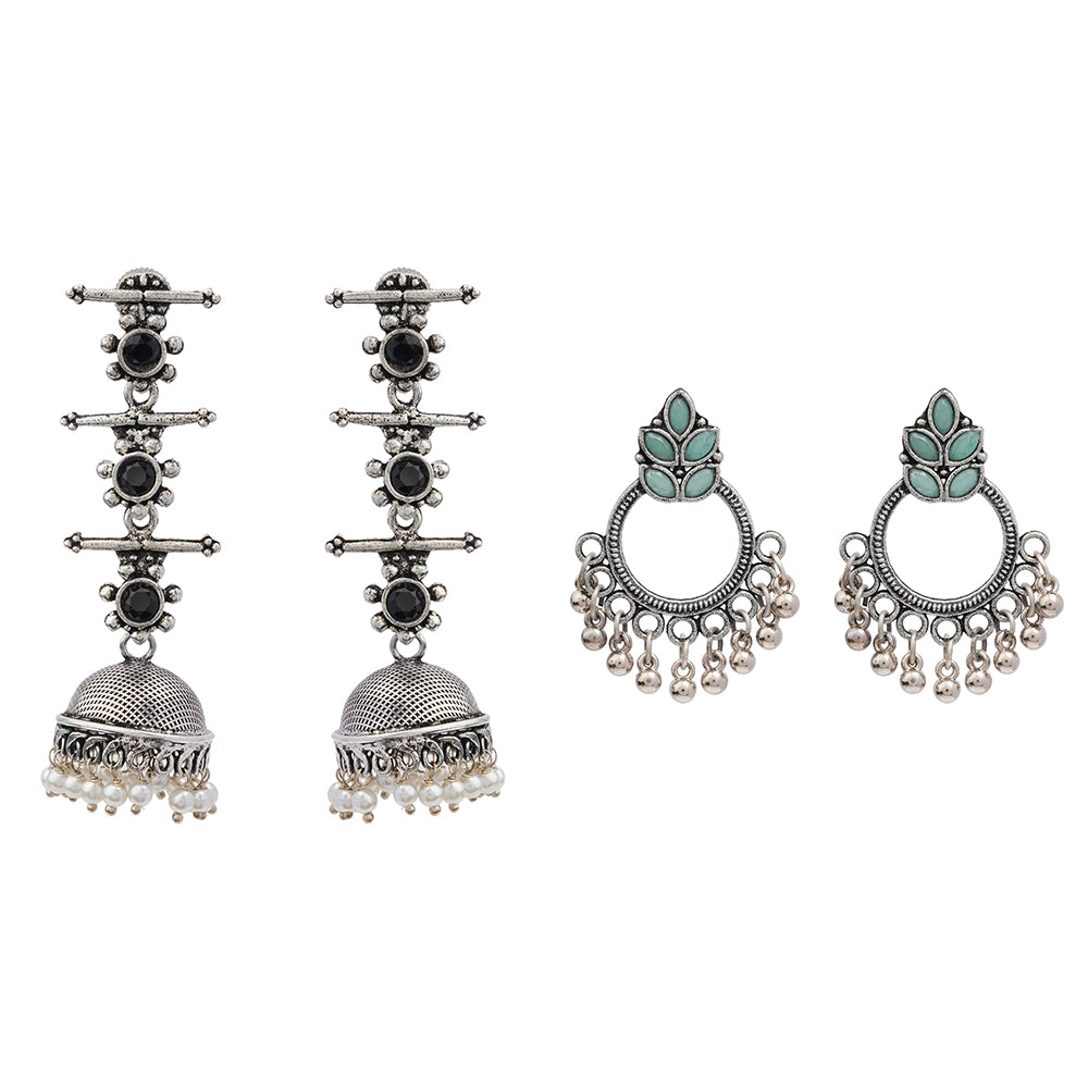 Royal Triple Bell Layered Jhumka Earring (Black) Fine Shine stud earrings (Mint) Combo set