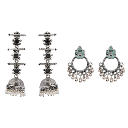 Royal Triple Bell Layered Jhumka Earring (Black) Fine Shine stud earrings (Mint) Combo set