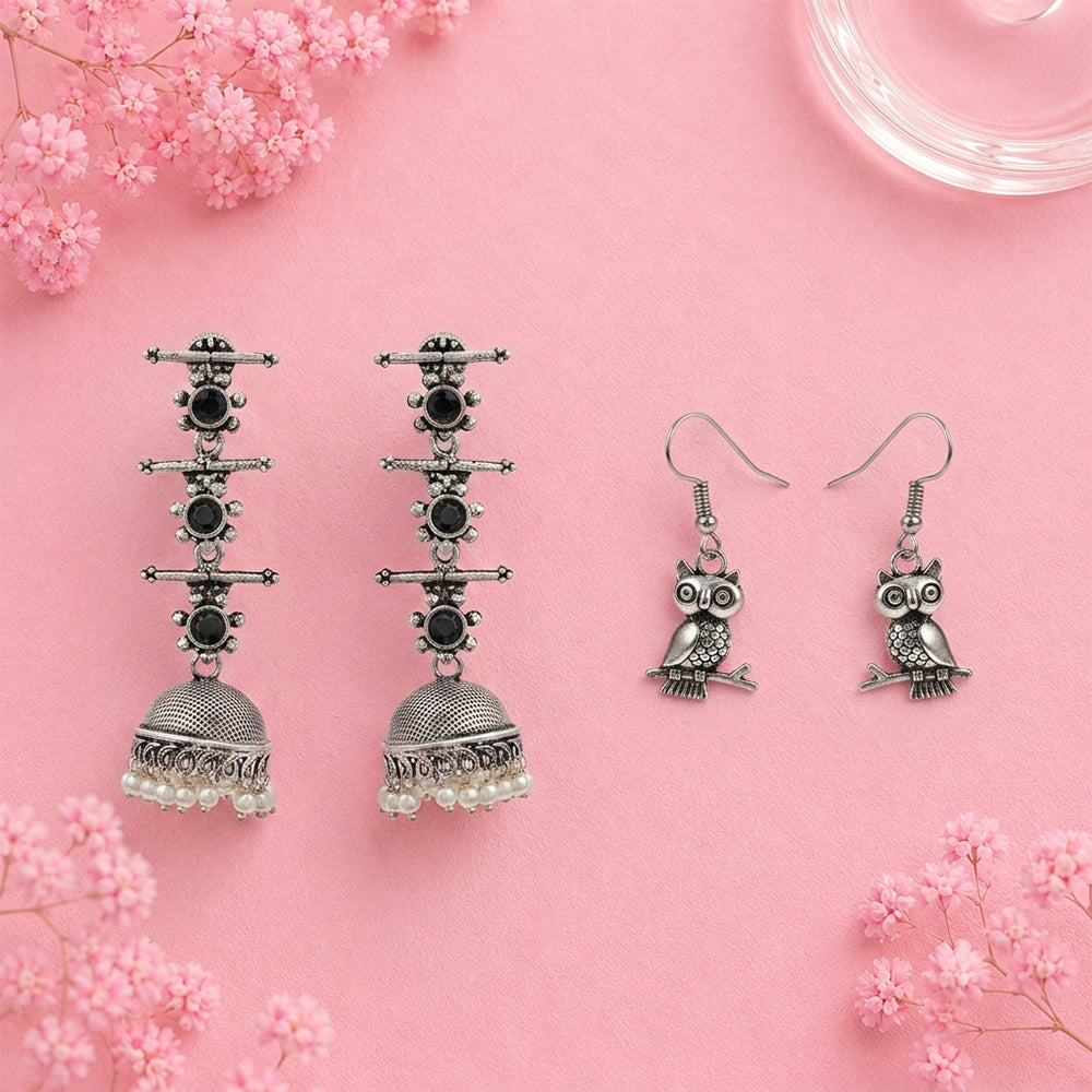 Royal Triple Bell Layered Jhumka Earring (Black) Wise Wink dangler earrings (Silver) Combo set