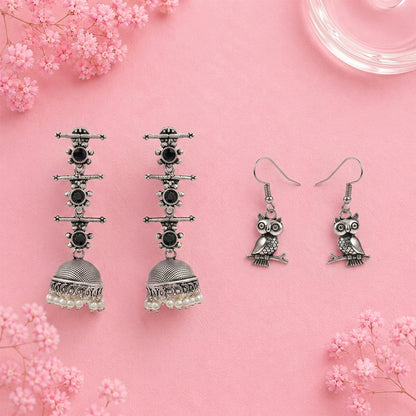 Royal Triple Bell Layered Jhumka Earring (Black) Wise Wink dangler earrings (Silver) Combo set