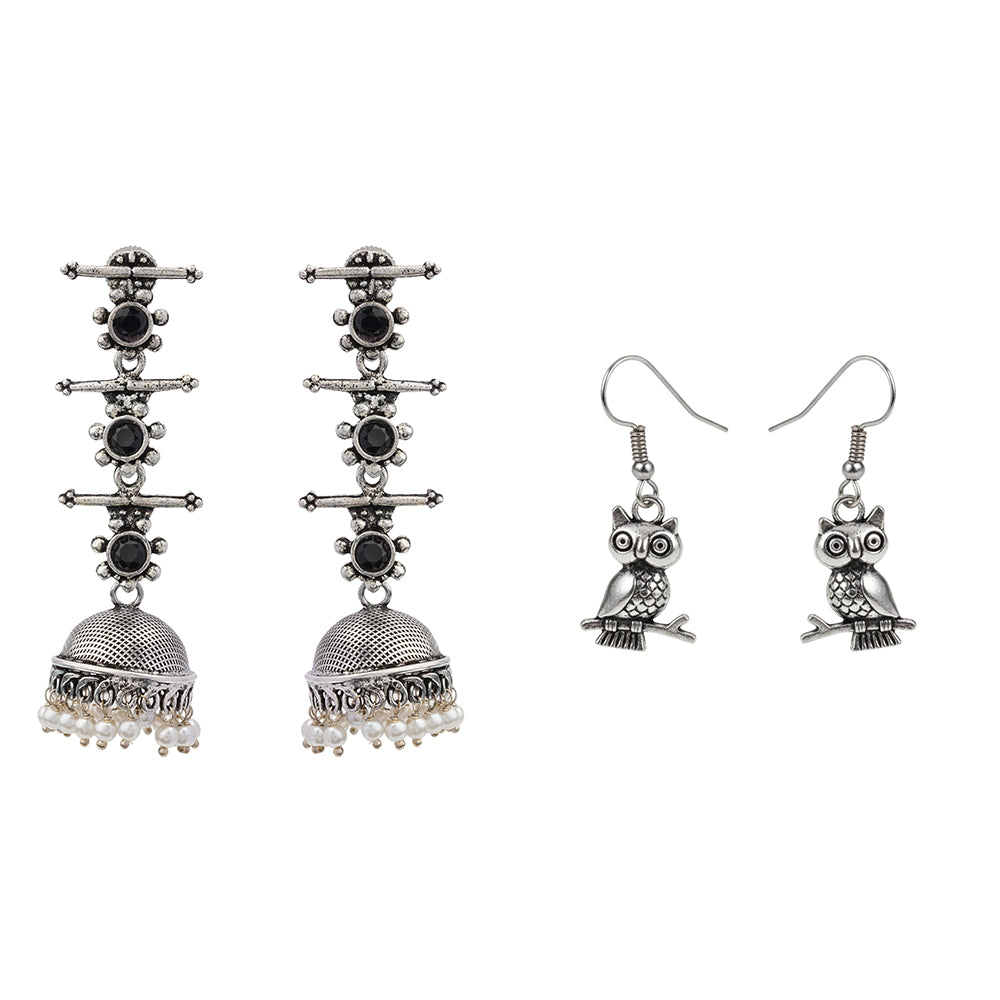 Royal Triple Bell Layered Jhumka Earring (Black) Wise Wink dangler earrings (Silver) Combo set