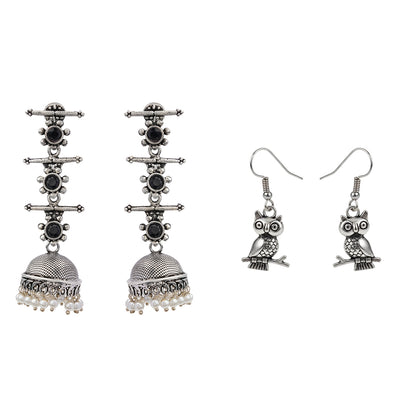 Royal Triple Bell Layered Jhumka Earring (Black) Wise Wink dangler earrings (Silver) Combo set