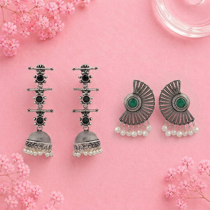 Royal Triple Bell Layered Jhumka Earring (Black) Bloom Arc pearl stud earring (Green) Combo set