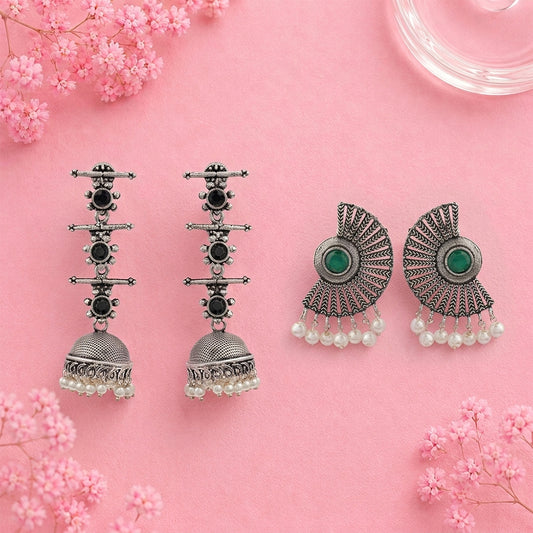 Royal Triple Bell Layered Jhumka Earring (Black) Bloom Arc pearl stud earring (Green) Combo set