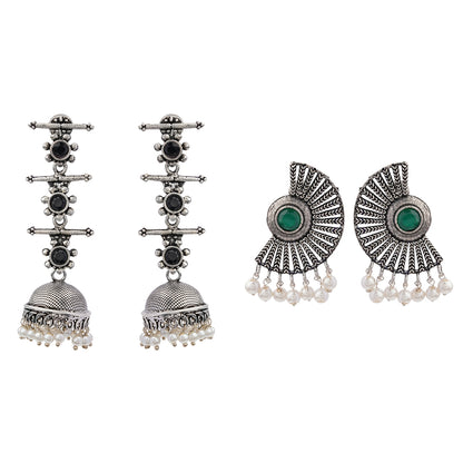 Royal Triple Bell Layered Jhumka Earring (Black) Bloom Arc pearl stud earring (Green) Combo set