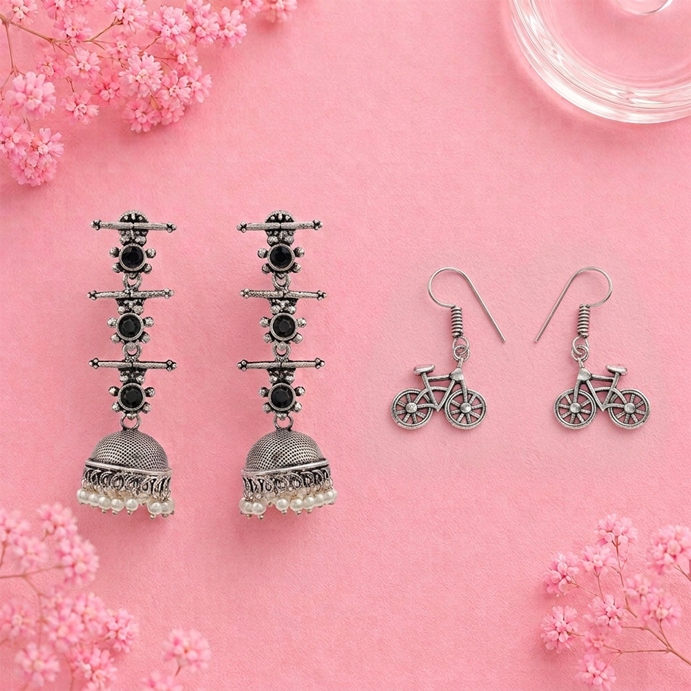 Royal Triple Bell Layered Jhumka Earring (Black) Cycle Charm Dangler earrings (Silver) Combo set