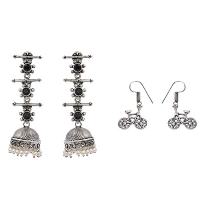 Royal Triple Bell Layered Jhumka Earring (Black) Cycle Charm Dangler earrings (Silver) Combo set