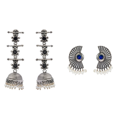 Royal Triple Bell Layered Jhumka Earring (Black) Bloom Arc pearl stud earring (Blue) Combo set