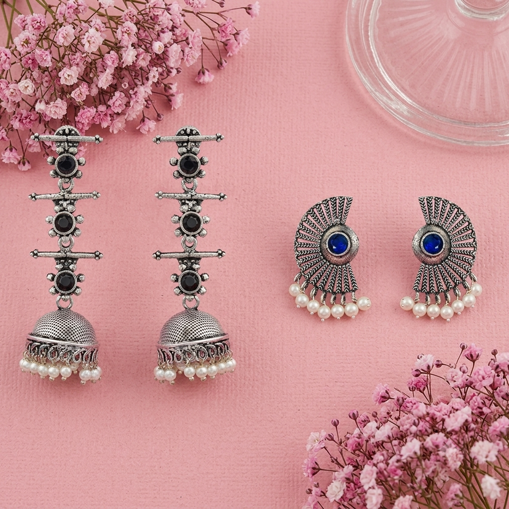 Royal Triple Bell Layered Jhumka Earring (Black) Bloom Arc pearl stud earring (Blue) Combo set