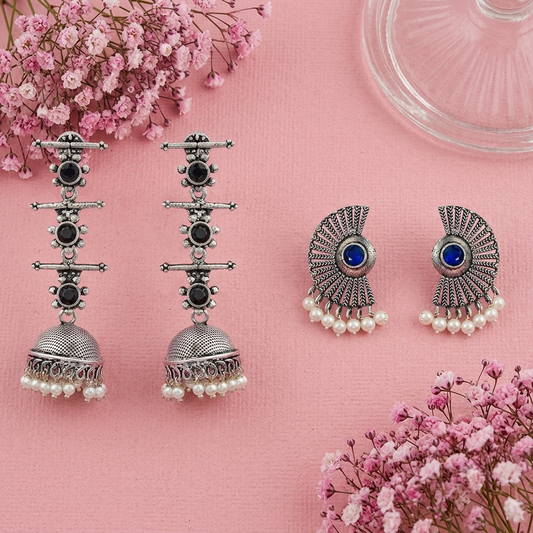 Royal Triple Bell Layered Jhumka Earring (Black) Bloom Arc pearl stud earring (Blue) Combo set
