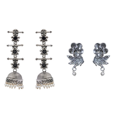 Royal Triple Bell Layered Jhumka Earring (Black) Floral Swirl stud earrings (Silver) Combo set