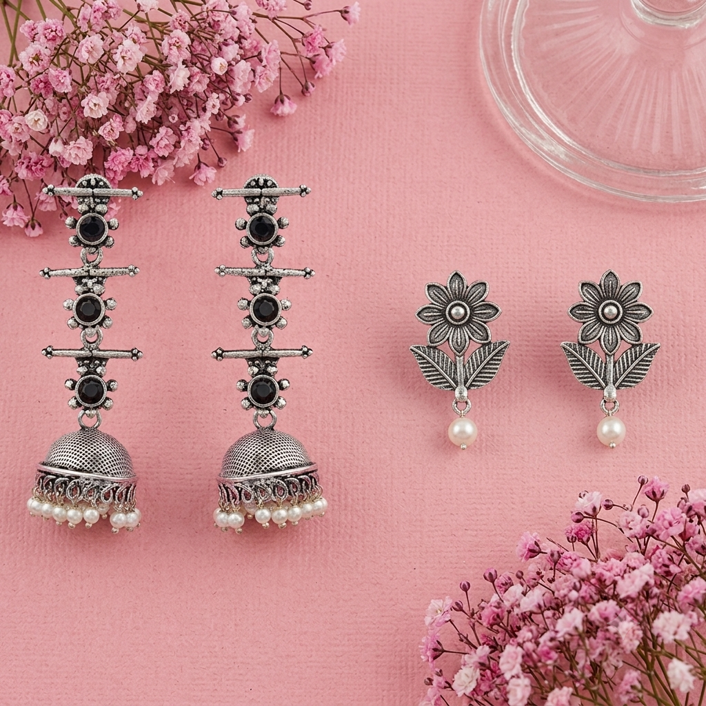 Royal Triple Bell Layered Jhumka Earring (Black) Floral Swirl stud earrings (Silver) Combo set
