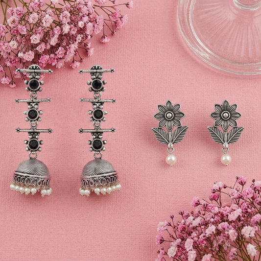 Royal Triple Bell Layered Jhumka Earring (Black) Floral Swirl stud earrings (Silver) Combo set